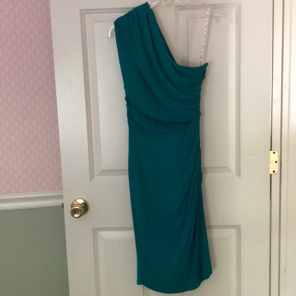 Teal one shoulder ruched bodycon dress